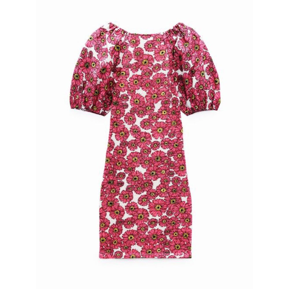 Zara Floral Balloon Sleeve Dress Smocked Puff Princess Pink Sweetheart Bust Mini - Picture 10 of 14